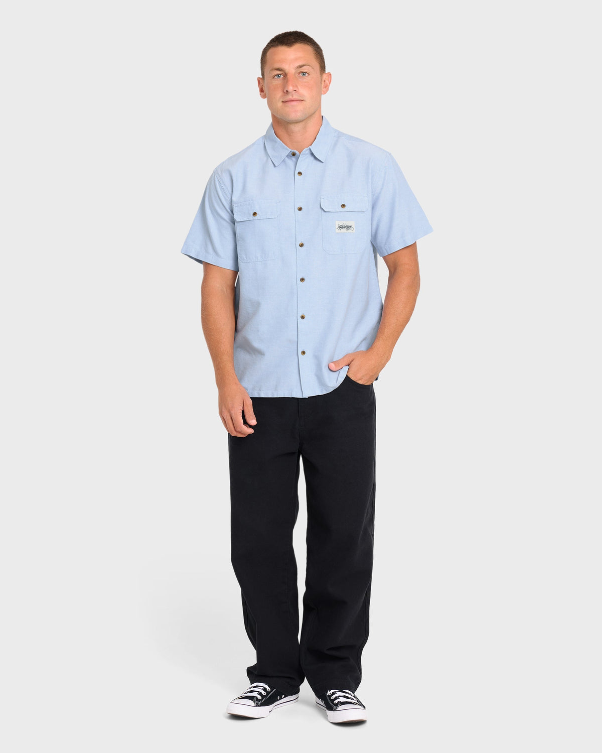 Bad Dog Short Sleeve Oxford Shirt - Blue Fog